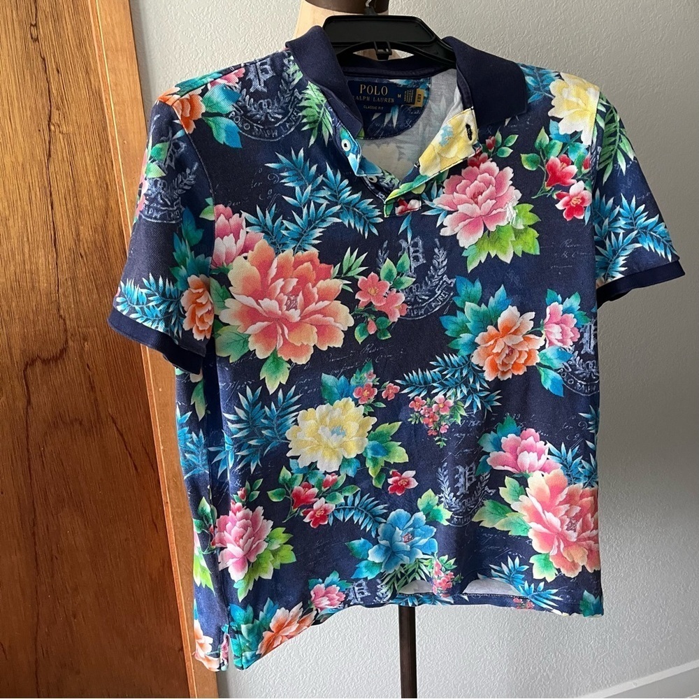 POLO RALPH LAUREN sz M Classic Fit Navy Blue Mesh Polo Shirt Floral Print